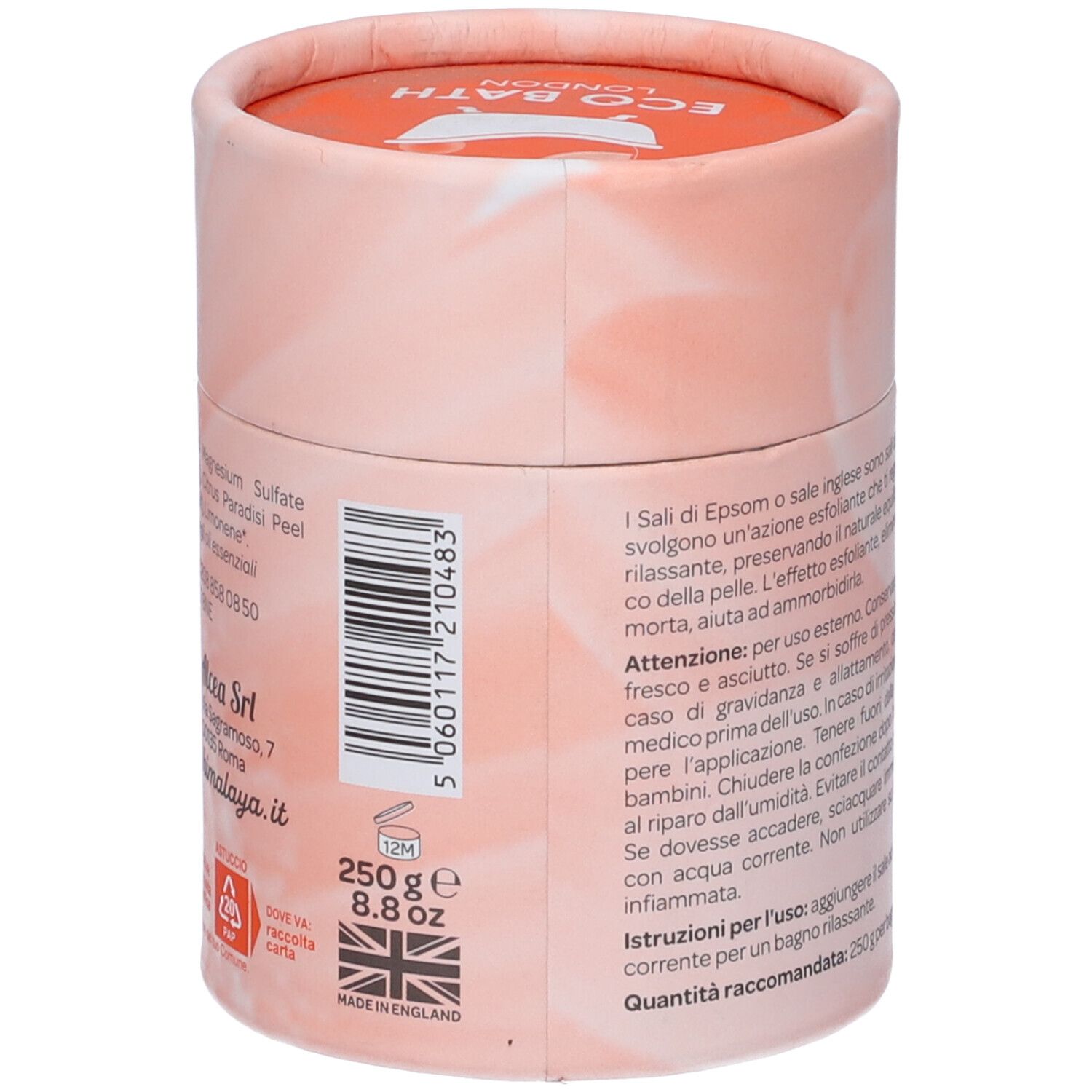 Confezione cilindrica, retro. Codice a barre, peso 250g, Made in England. Testo in italiano.