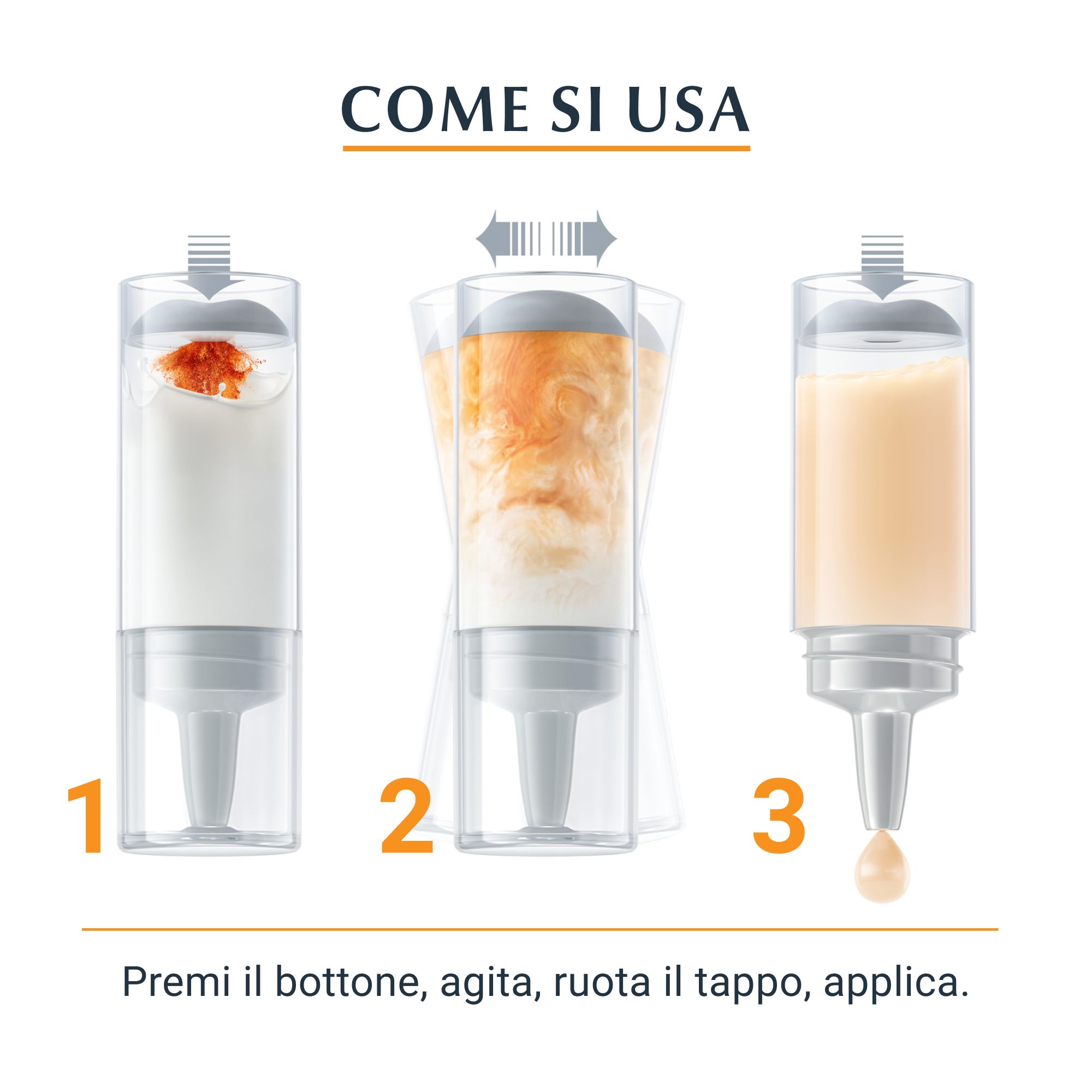 Come si usa: rimuovere tappo, premere, agitare, ruotare, applicare.