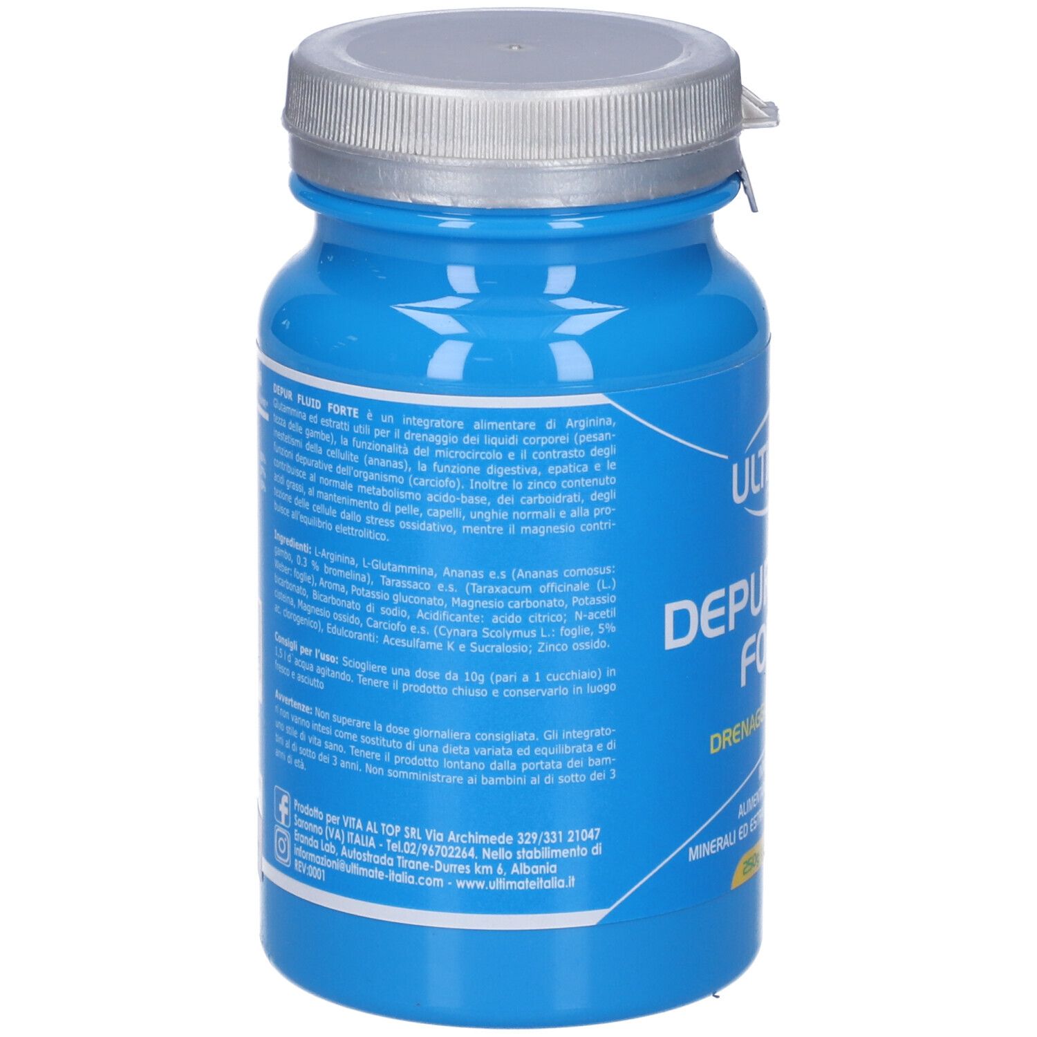 Retro del barattolo blu. Testo con ingredienti e istruzioni per l'uso. Coperchio argentato.