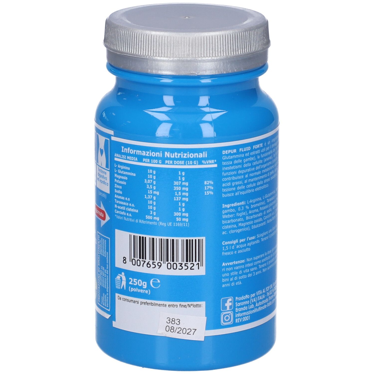 Barattolo blu con informazioni nutrizionali. Coperchio argentato. 250g di polvere. Scadenza 08/2027.
