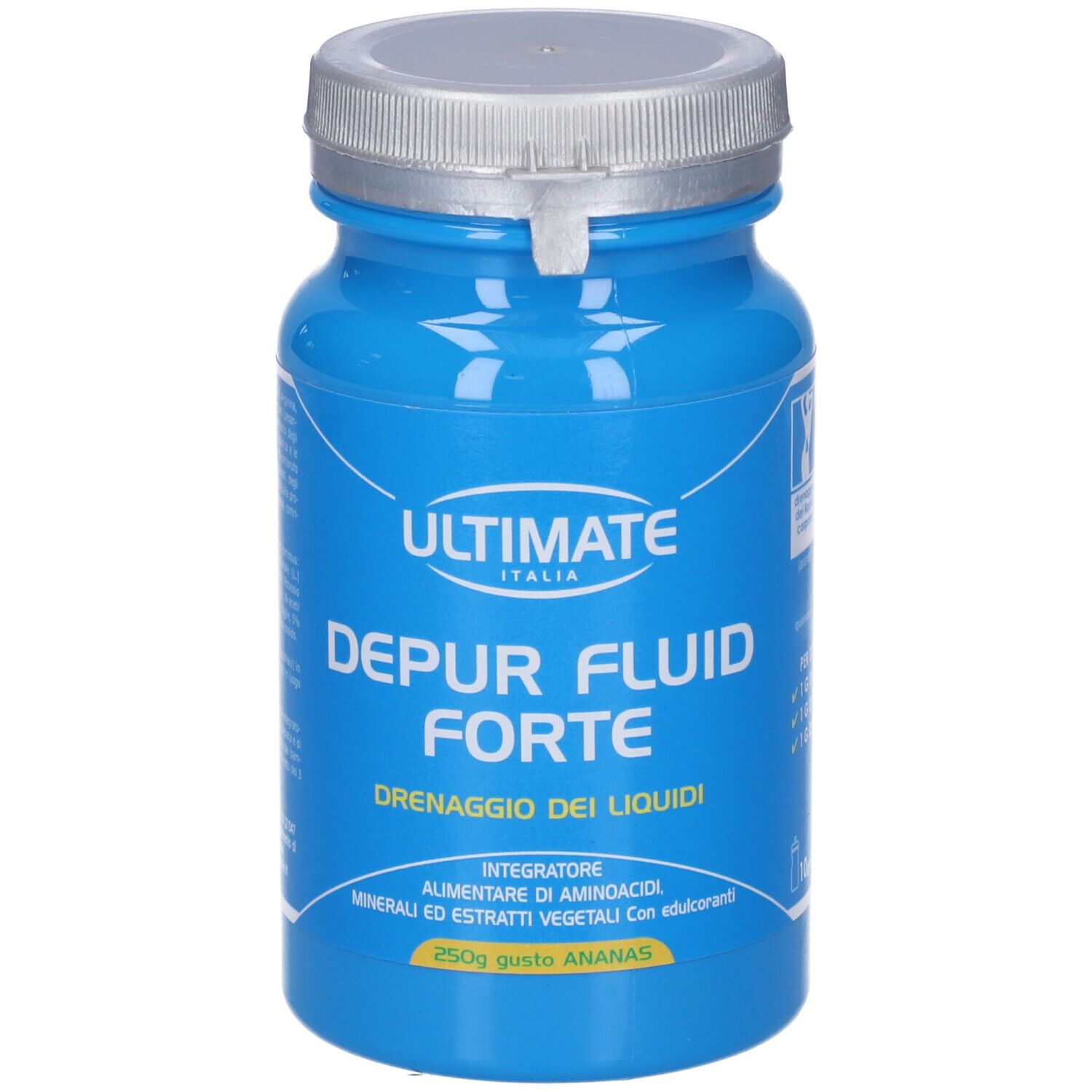 Barattolo blu con coperchio argentato. Scritta: ULTIMATE ITALIA, DEPUR FLUID FORTE, 250g gusto ANANAS. 10x25 dosi.