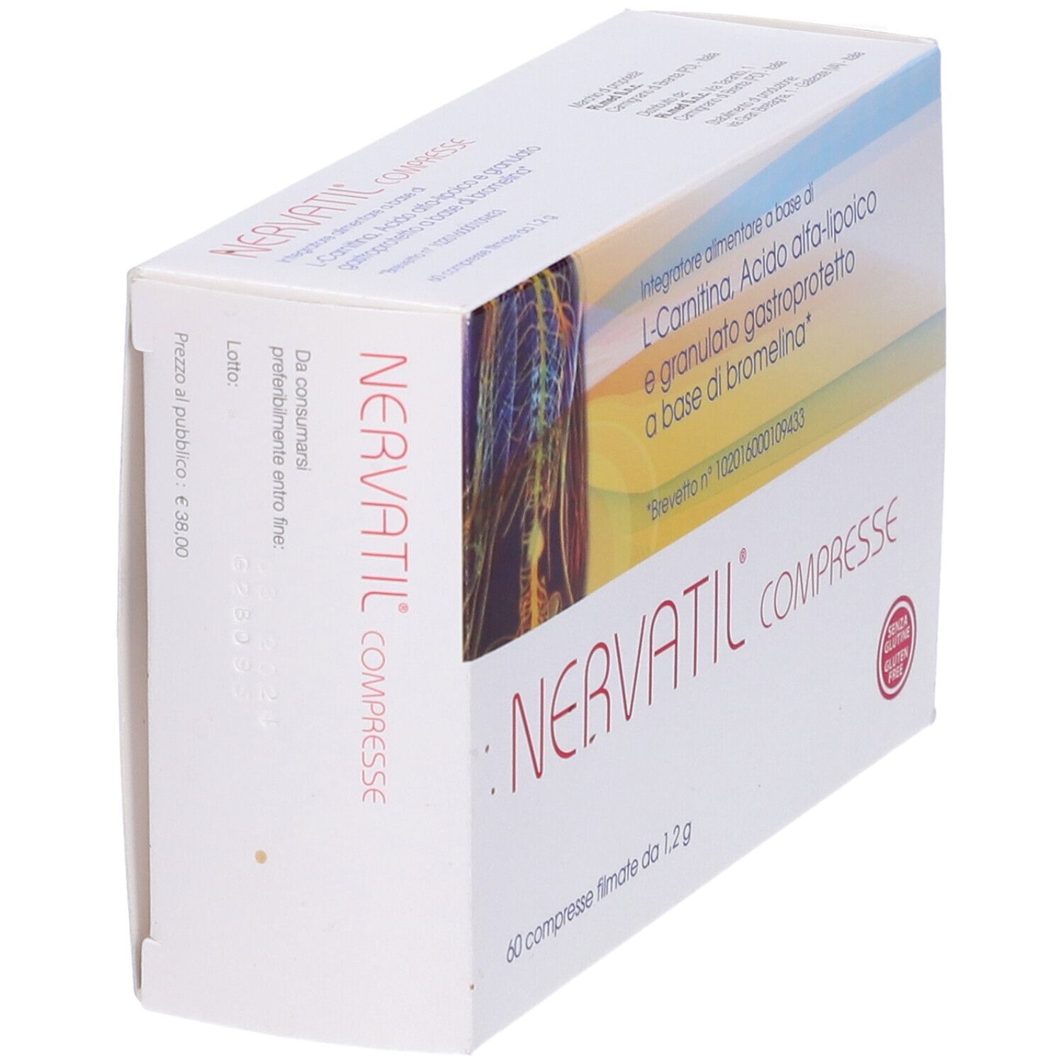 Scatola Nervatil Compresse, angolata. Contiene 60 compresse. Testo e logo.