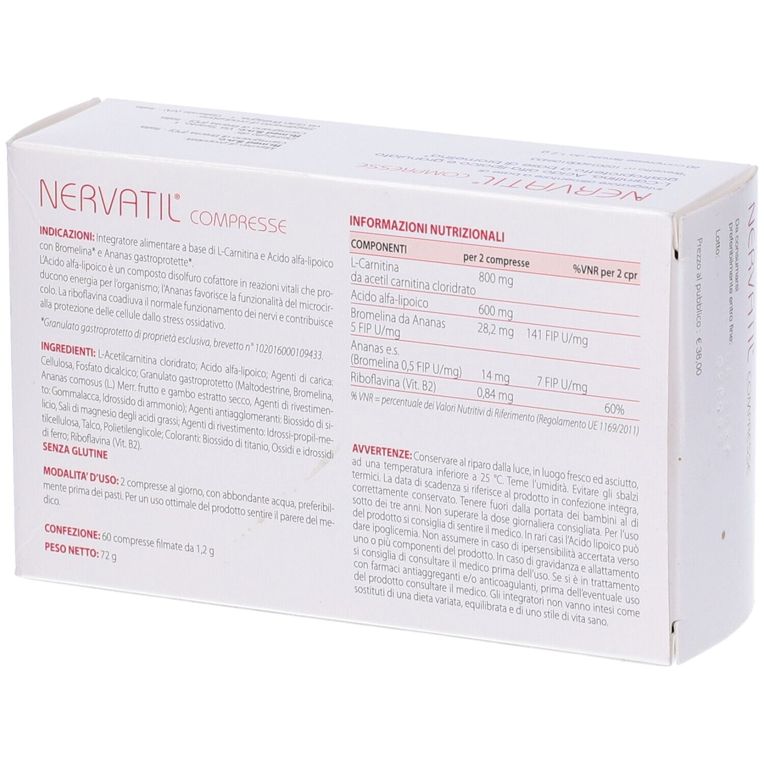 Retro della scatola Nervatil Compresse. Contiene ingredienti e informazioni nutrizionali.