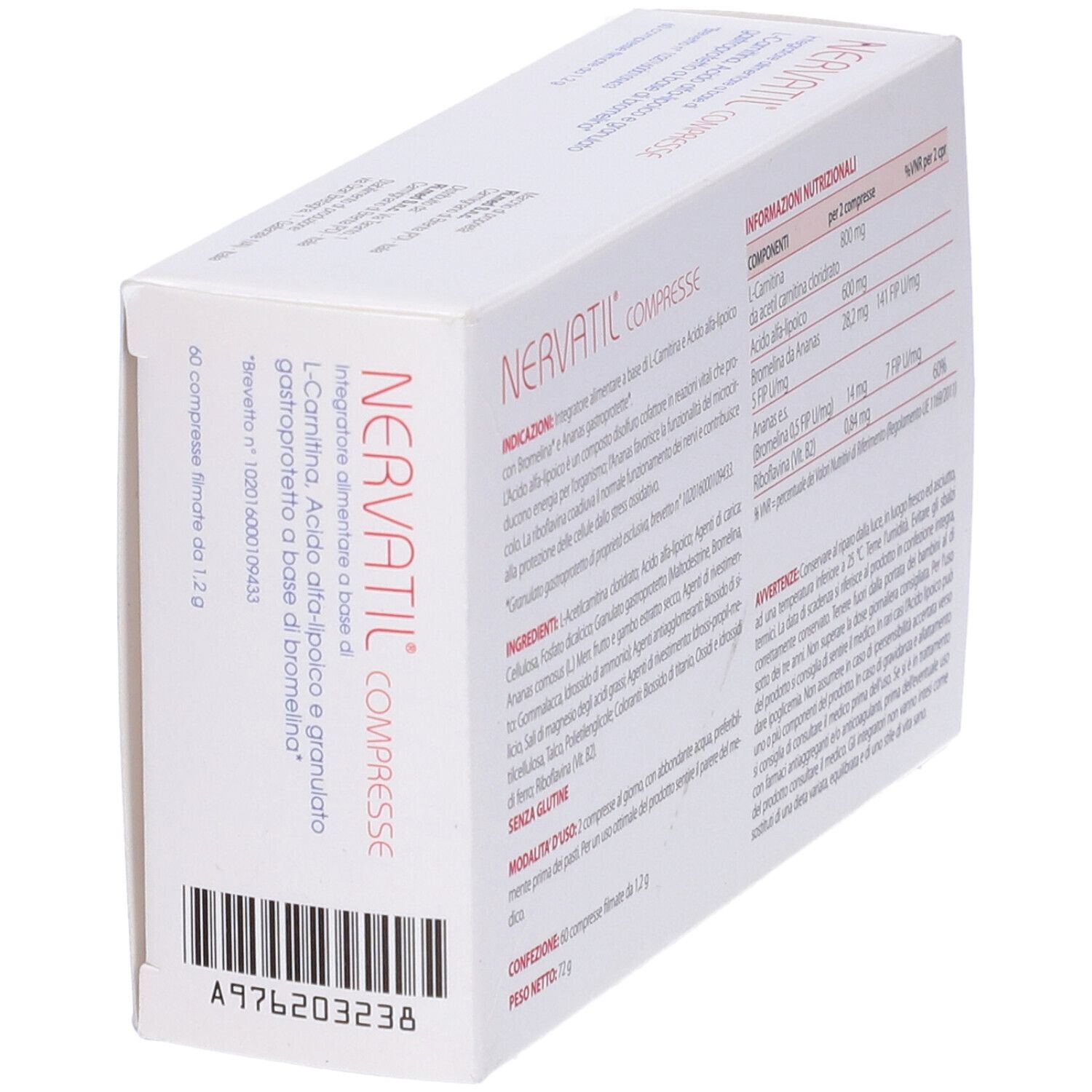 Scatola Nervatil Compresse, angolata. Codice a barre e testo sul retro.