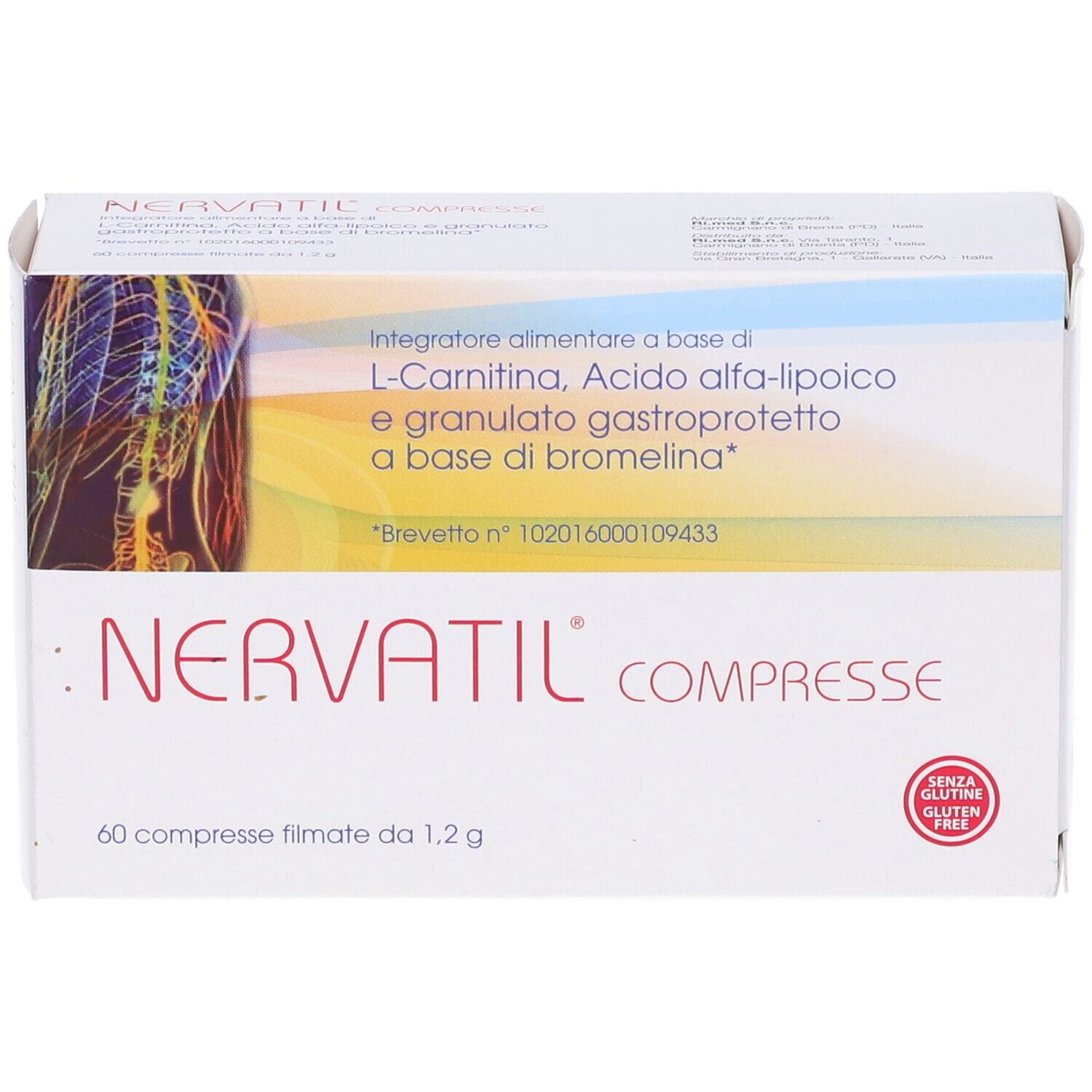 Scatola Nervatil Compresse. Contiene 60 compresse. Testo e logo.