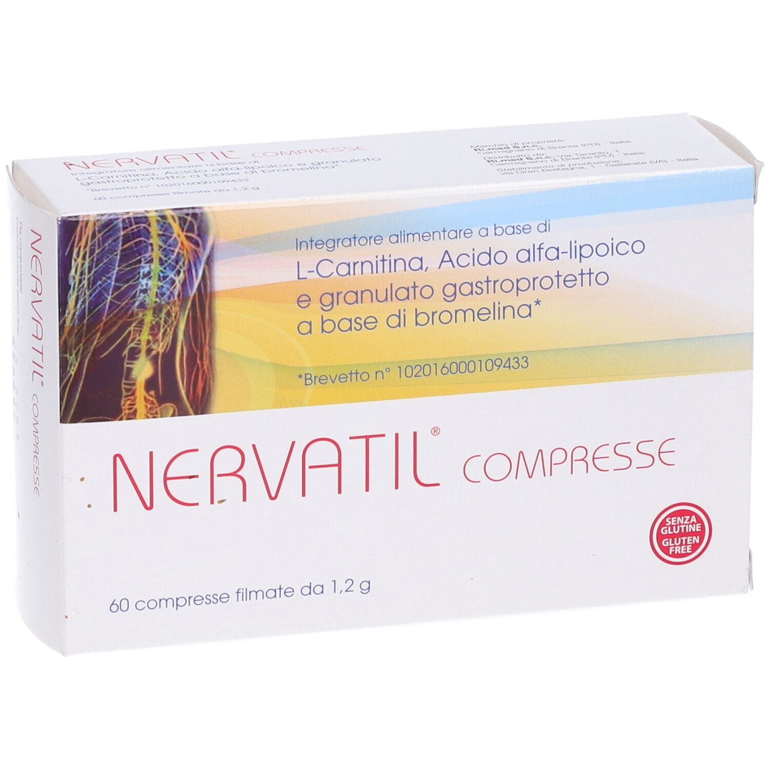 Scatola Nervatil Compresse. Contiene 60 compresse. Sigillo senza glutine.