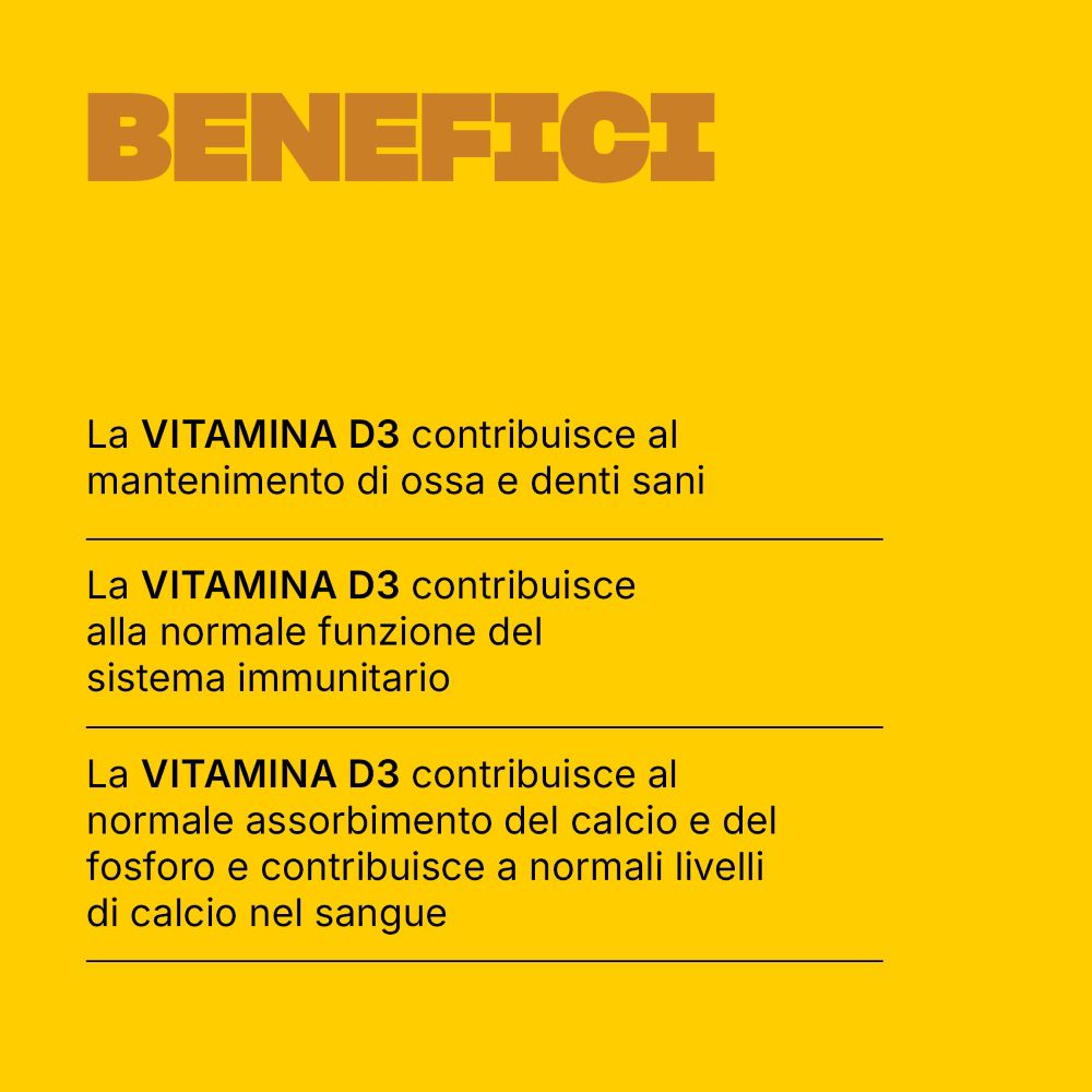 Testo su sfondo giallo. Titolo: Benefici. Testo sulla vitamina D3 e i suoi benefici.