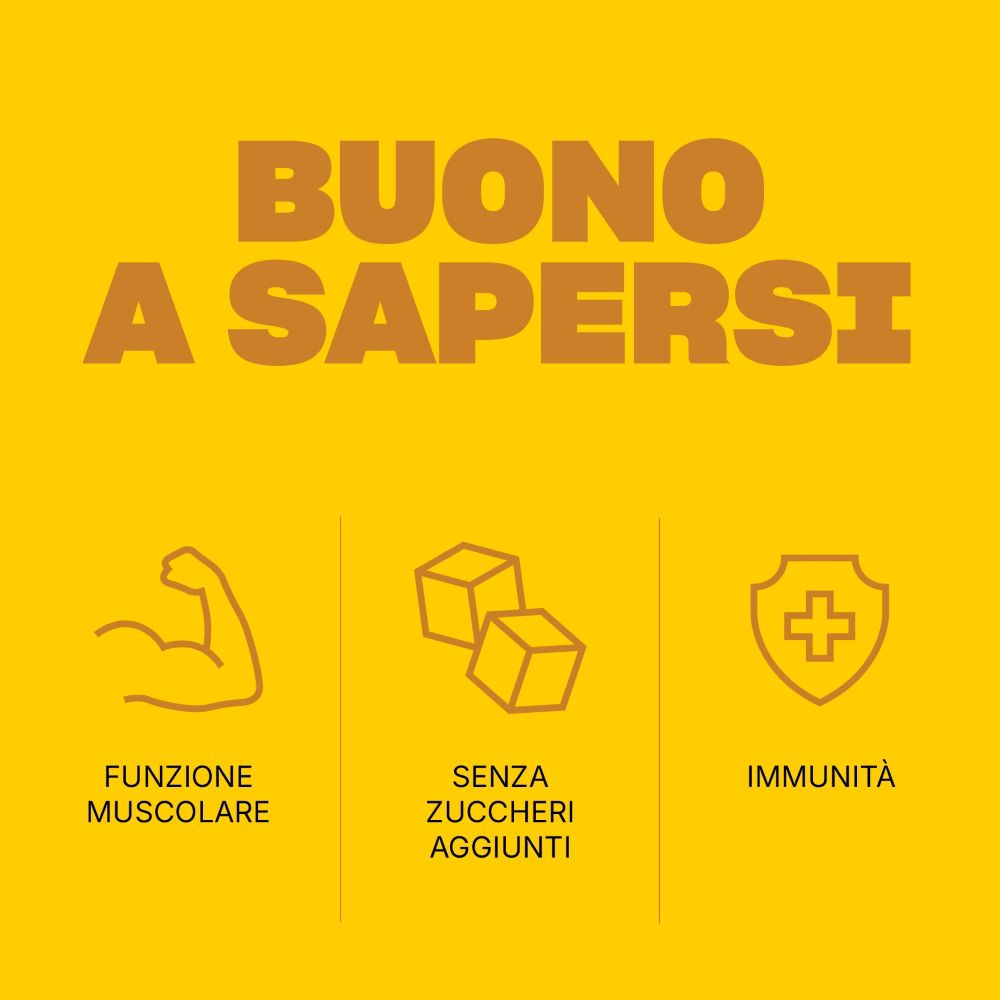 Sfondo giallo con simboli. Muscolo, cubi, scudo. Testo: Funzione muscolare, senza zuccheri, immunità.