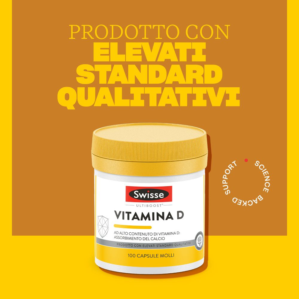 Contenitore di vitamina D. Sfondo giallo. Testo: Prodotto con elevati standard qualitativi.