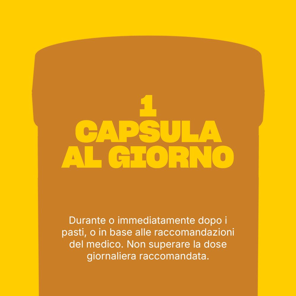 Sfondo giallo. Testo: 1 capsula al giorno. Istruzioni per l'assunzione.