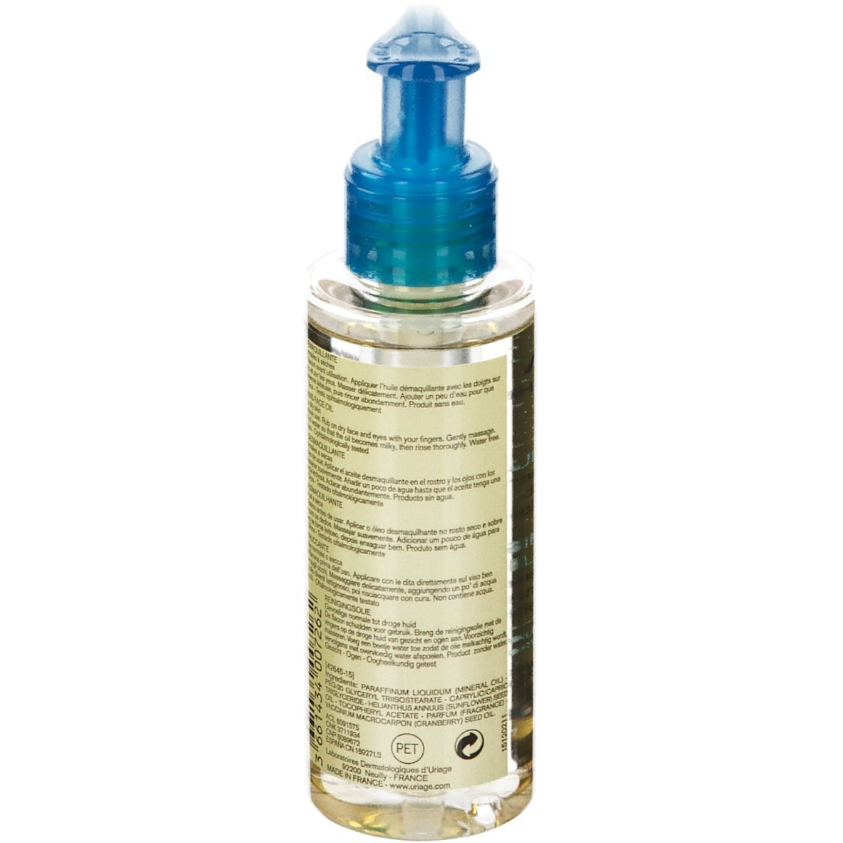 Vista posteriore di un flacone trasparente con erogatore blu. Etichetta con informazioni sul prodotto e ingredienti.