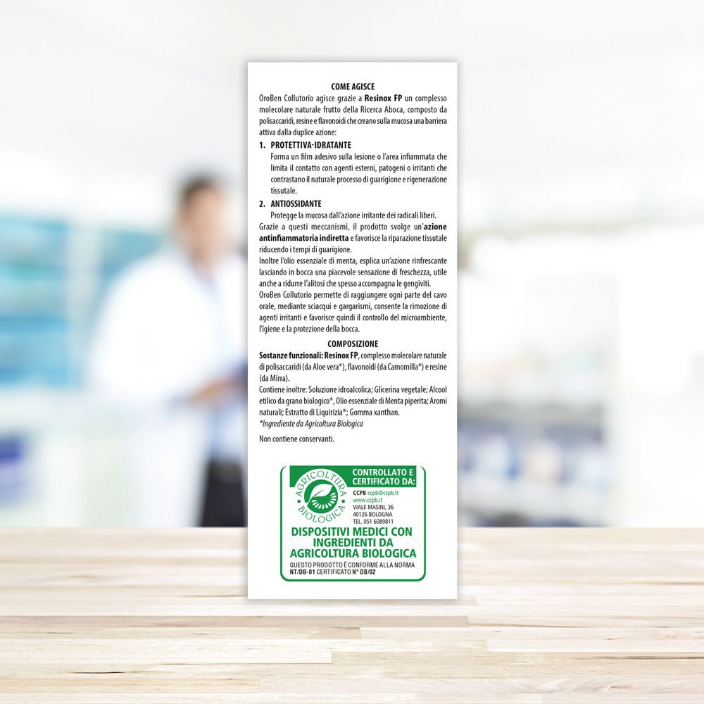 Flacone marrone di OroBen Collutorio con tappo bianco. Nome del prodotto ed etichetta visibili. Dispositivo medico.