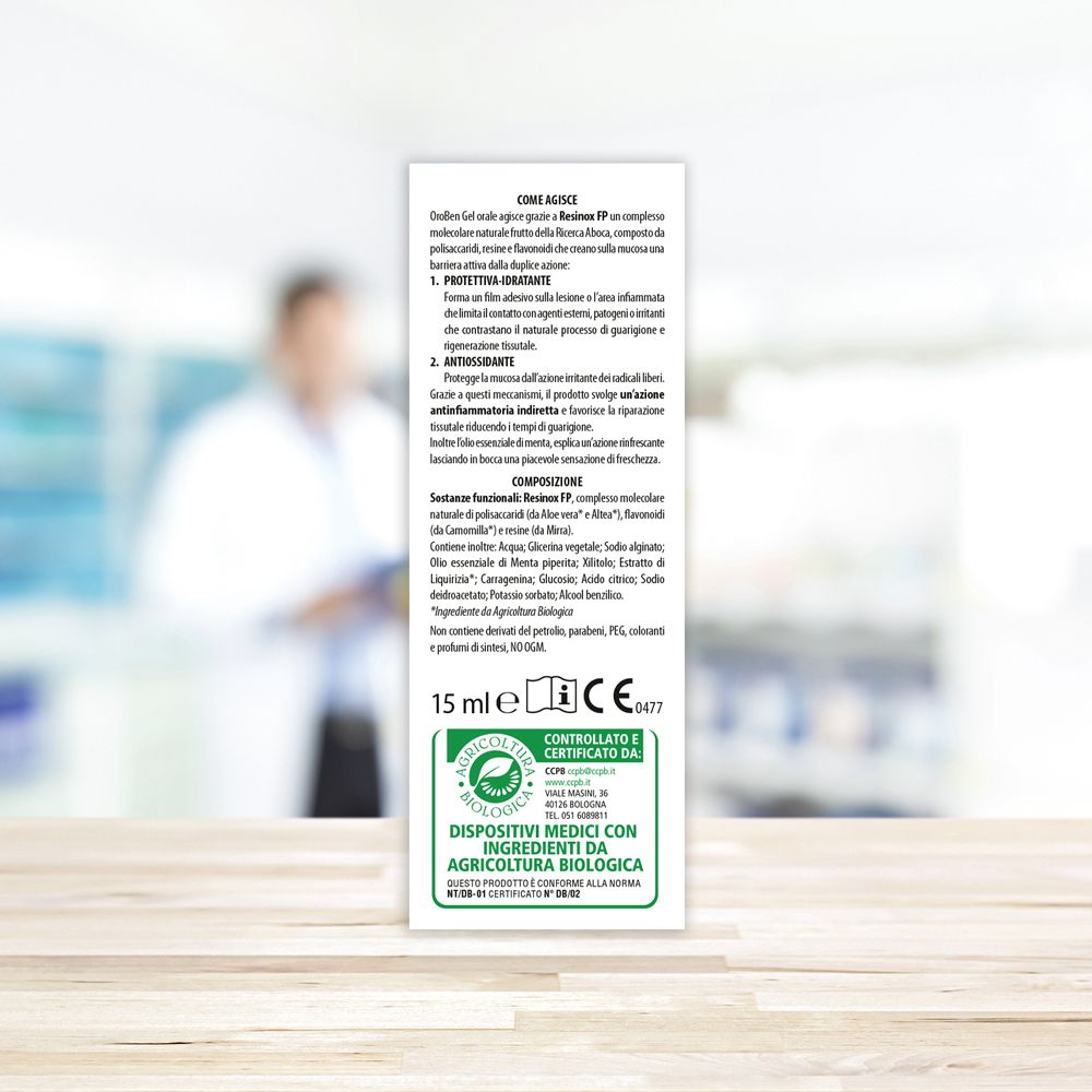 Retro confezione OroBen. Testo in italiano. Certificazioni e ingredienti.