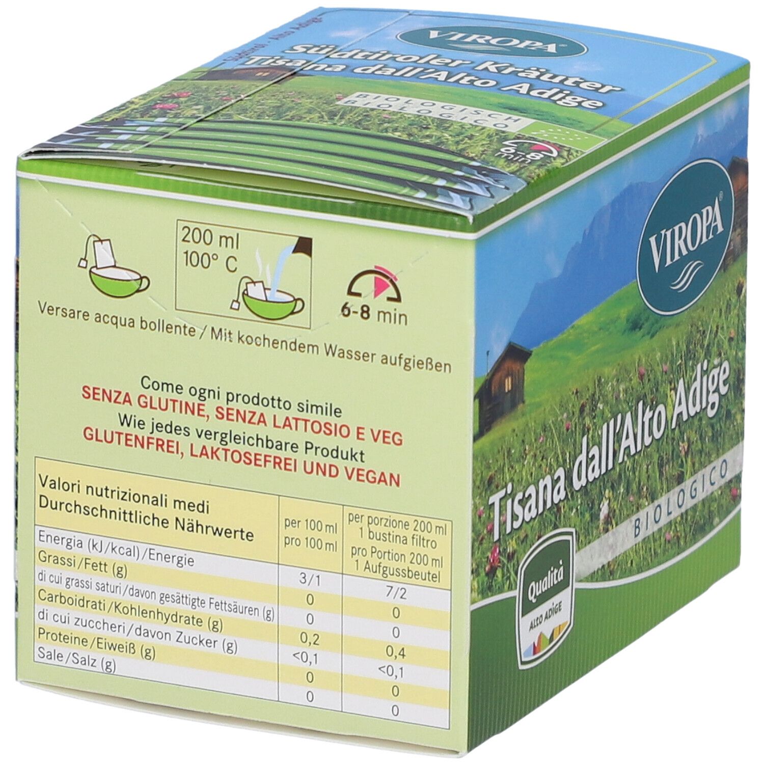 Confezione in cartone con tabella nutrizionale e istruzioni. Scritta: VIROPA Tisana dall'Alto Adige BIO. Senza glutine, lattosio e vegan.