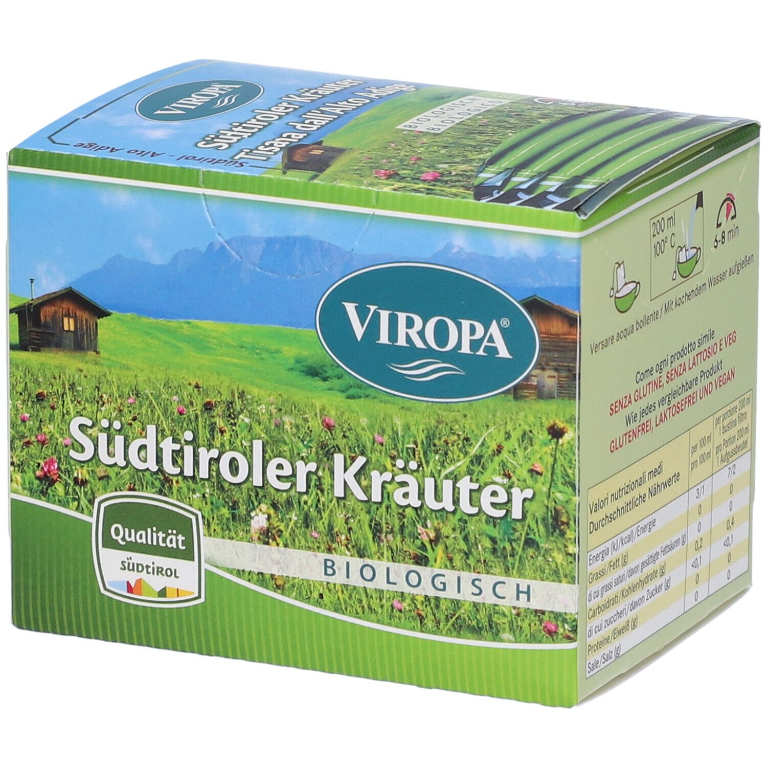 Confezione in cartone con paesaggio. Scritta: VIROPA Südtiroler Kräuter BIO. Logo: Qualità Südtirol. Certificato biologico.