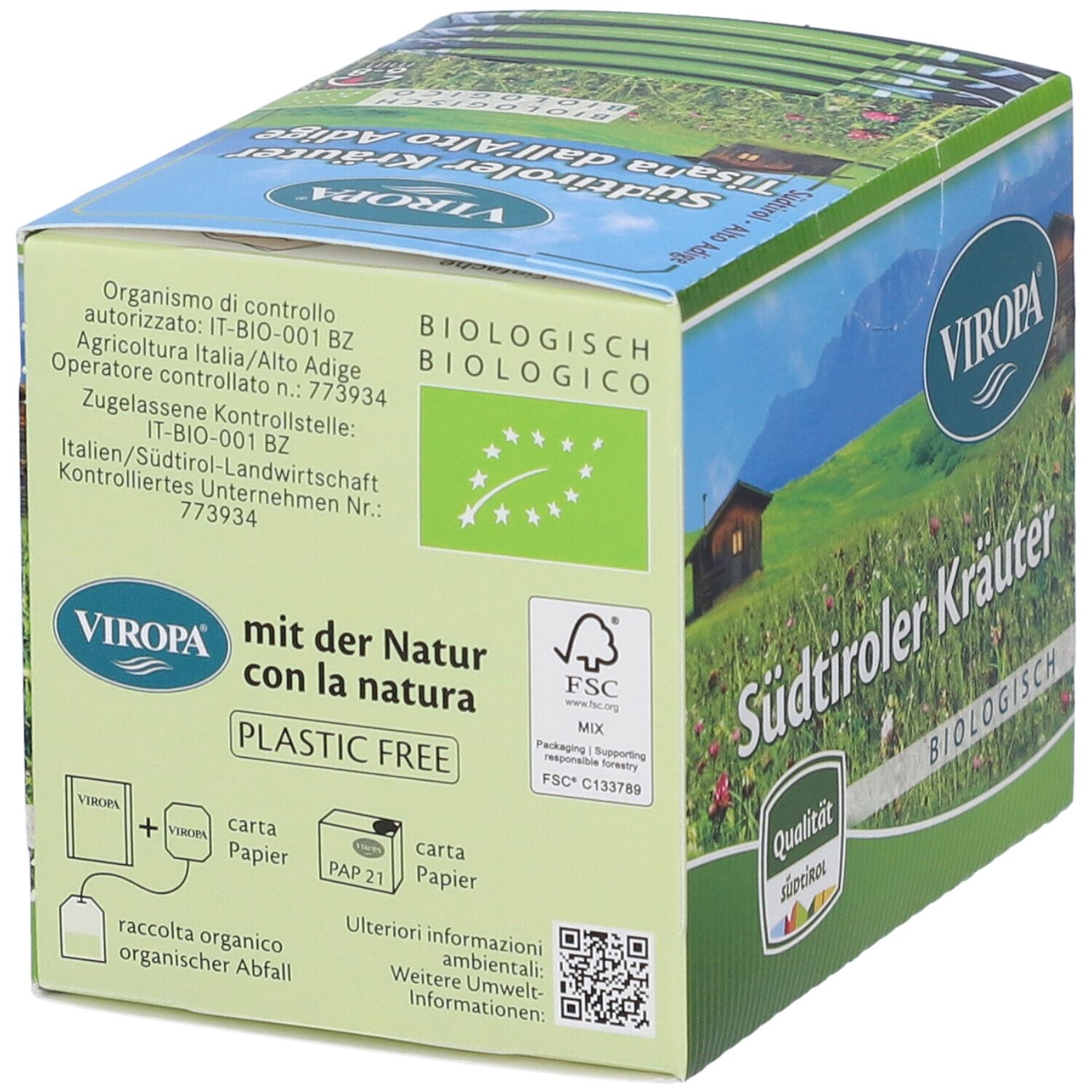 Confezione in cartone con informazioni di certificazione e sostenibilità. Scritta: VIROPA Südtiroler Kräuter BIO. Logo FSC. Senza plastica.