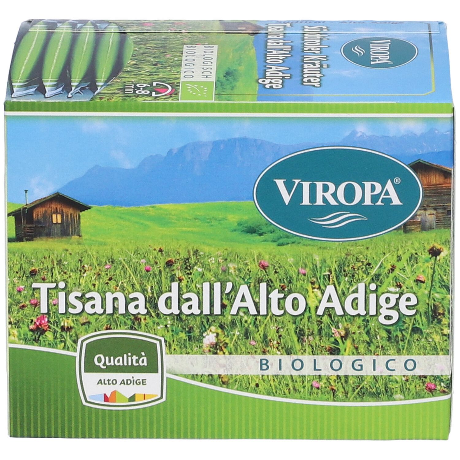 Confezione in cartone con paesaggio. Scritta: VIROPA Tisana dall'Alto Adige BIO. Logo: Qualità Alto Adige. Certificato biologico.