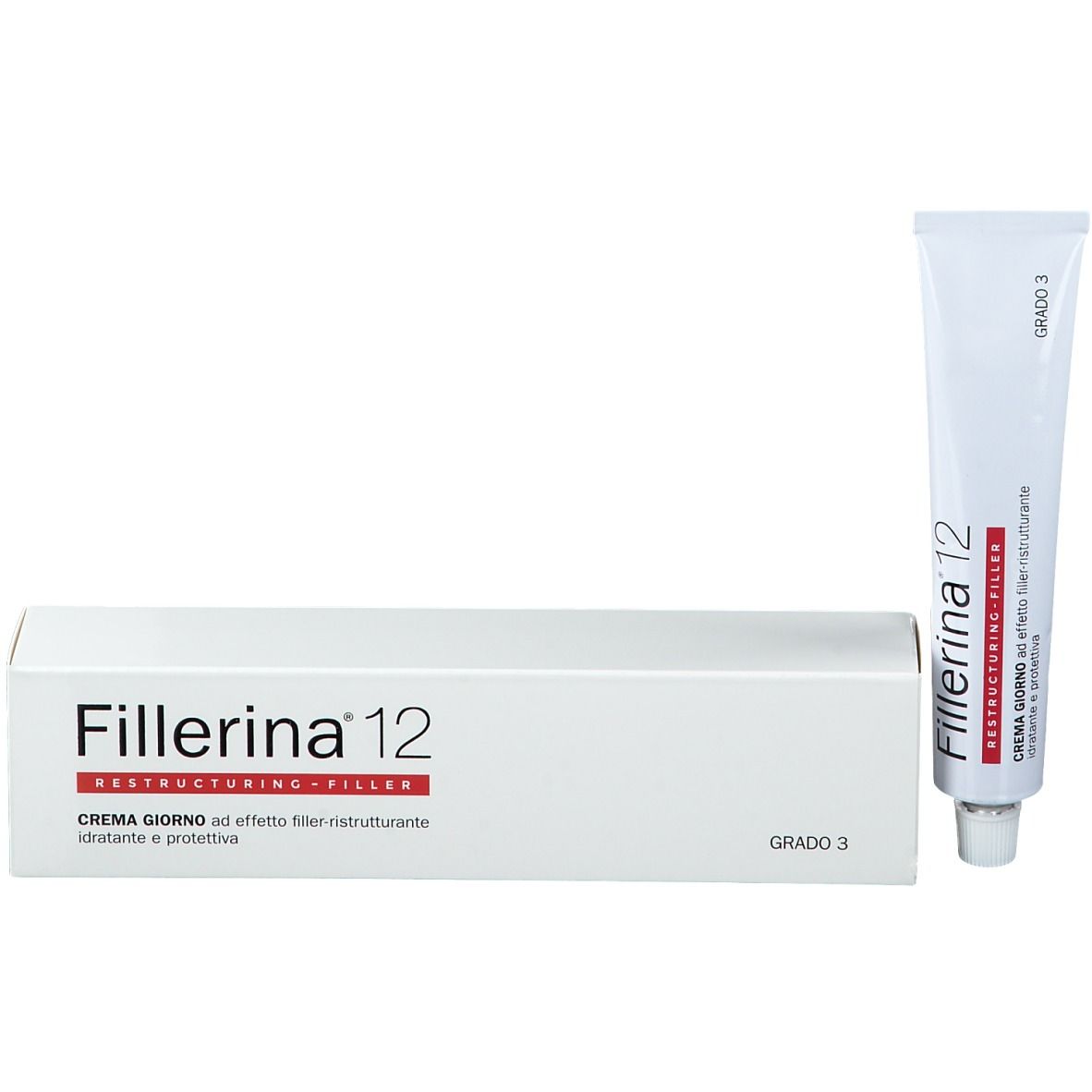 Scatola e tubo bianchi. Scritto Fillerina 12 Restrutturante. Grado 3.