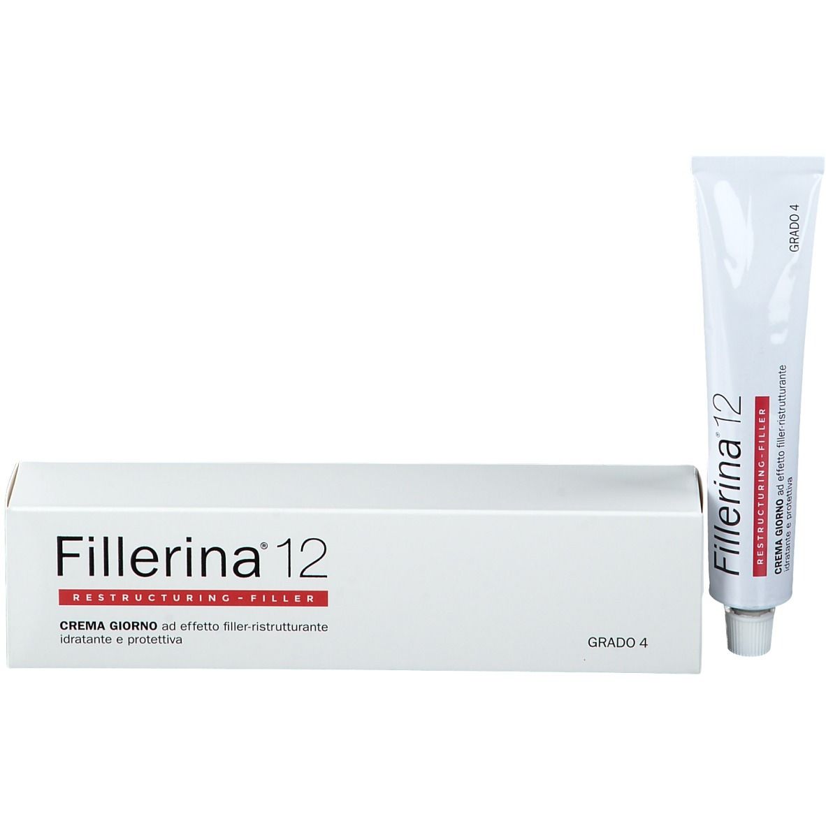 Scatola e tubo bianchi. Scritta: Fillerina 12 Crema Ristrutturante, Grado 4.