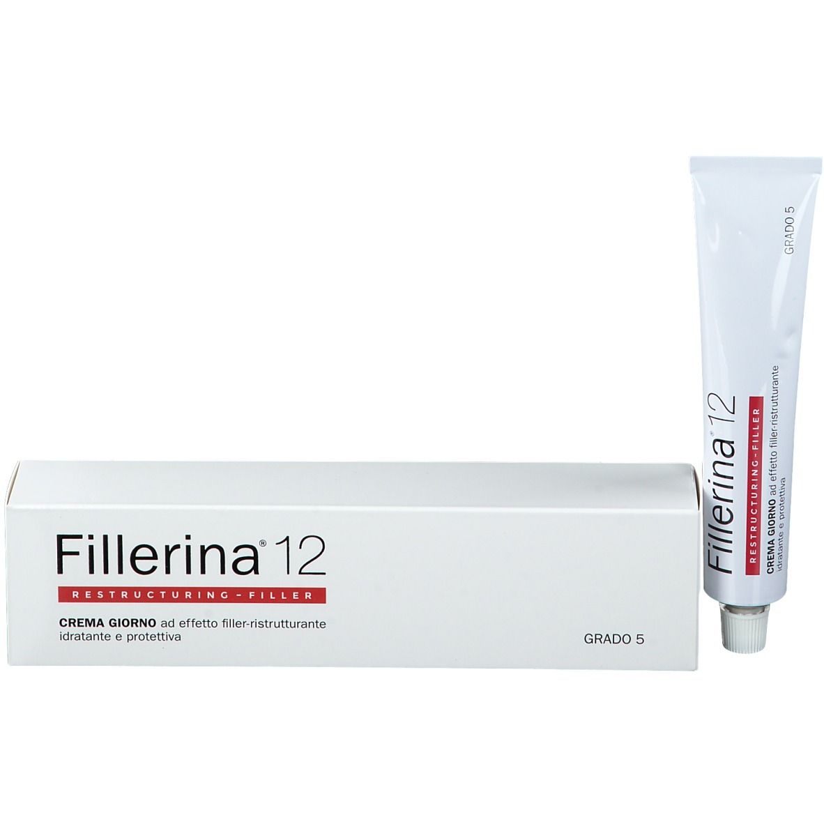 Scatola bianca e tubo. Scritta Fillerina 12, Crema ristrutturante. Scritta « Grado 5 ».
