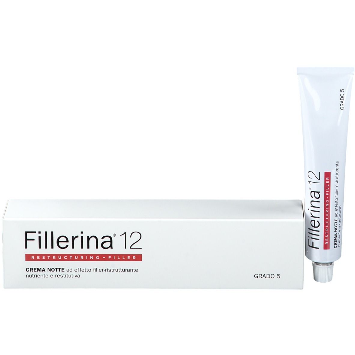 Scatola e tubo bianchi. Scritta: Fillerina 12 Restructuring Filler. Crema Notte. Tubo accanto.