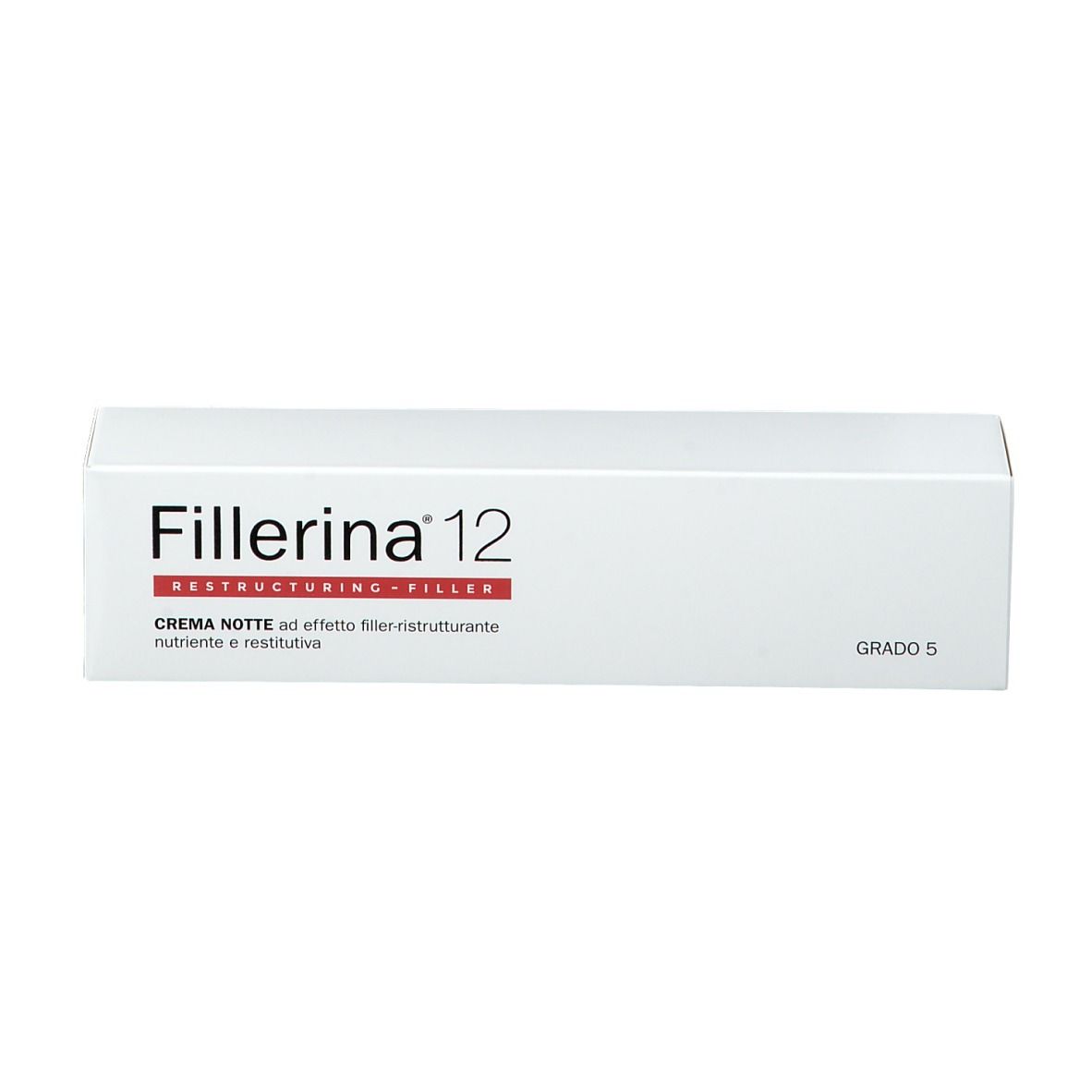 Scatola bianca con testo rosso e nero. Scritta: Fillerina 12 Restructuring Filler. Crema Notte.