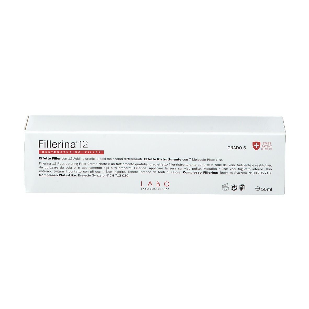Scatola bianca con testo. Scritta: Fillerina 12 Restructuring Filler. Testo in italiano. Croce svizzera.
