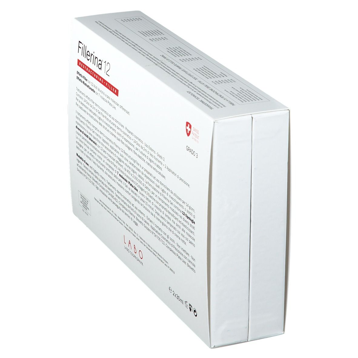 Confezione bianca inclinata "Fillerina 12". Testo e croce svizzera. "Grado 3".