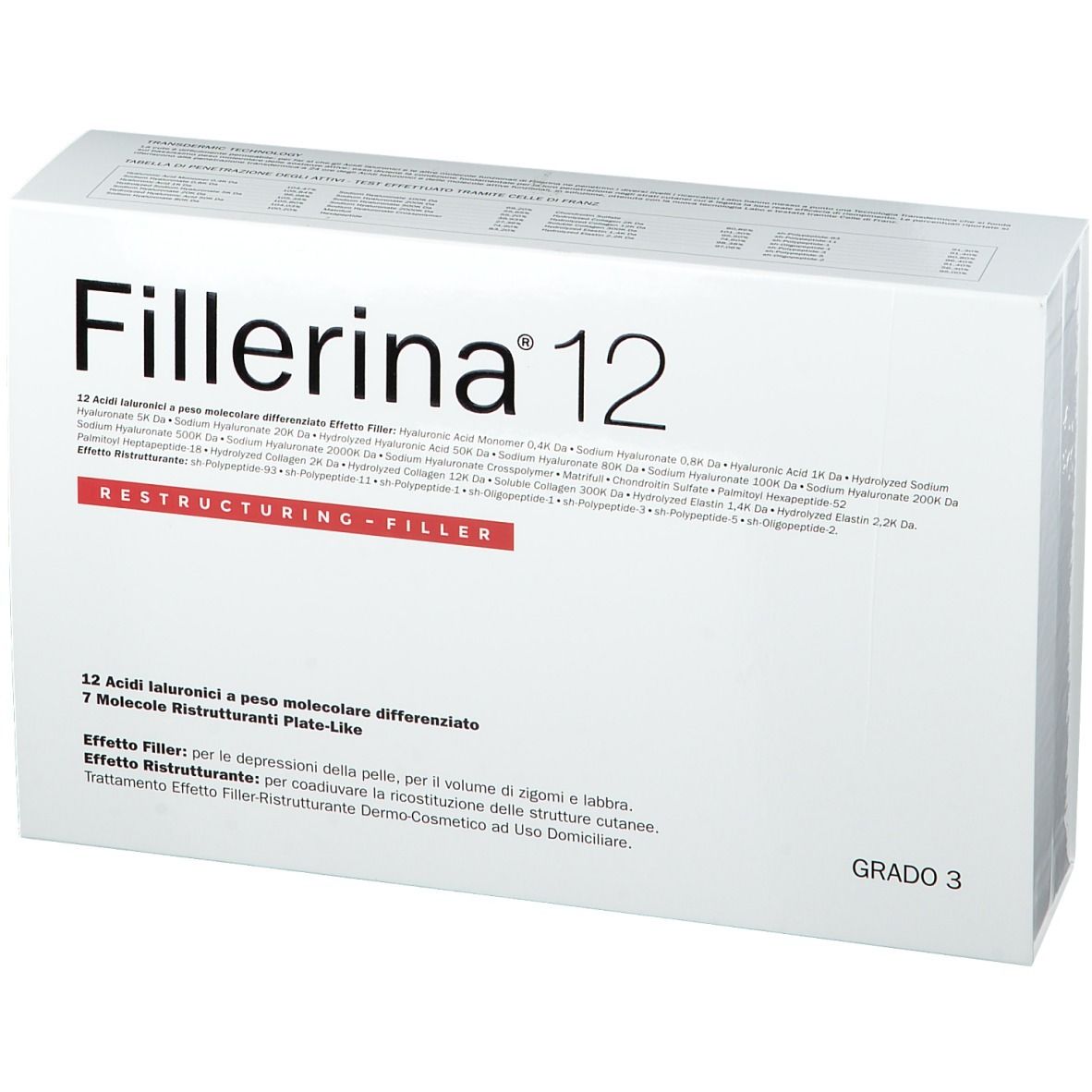 Confezione bianca "Fillerina 12". Testo "Restructuring-Filler", "Grado 3".