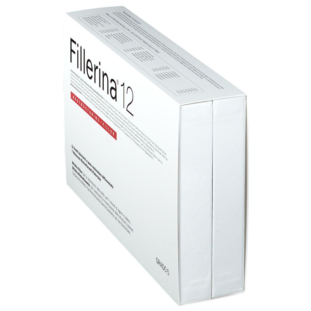 Confezione Fillerina 12 angolata. Scatola bianca con nome e testo. Grado 5.