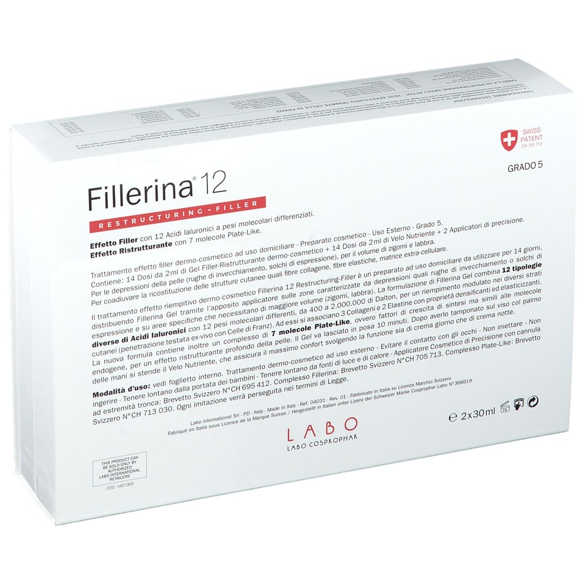 Confezione Fillerina 12, retro. Scatola bianca con testo e Swiss Patent.