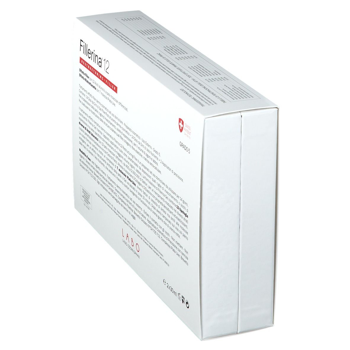 Confezione Fillerina 12 angolata. Scatola bianca con testo e Swiss Patent.