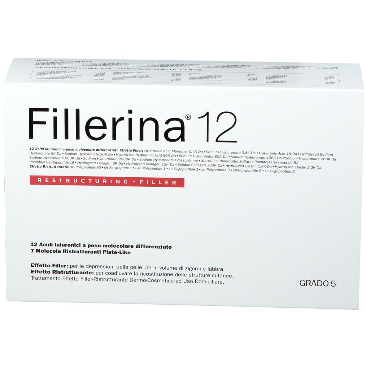 Confezione Fillerina 12. Scatola bianca con nome e testo. Grado 5.