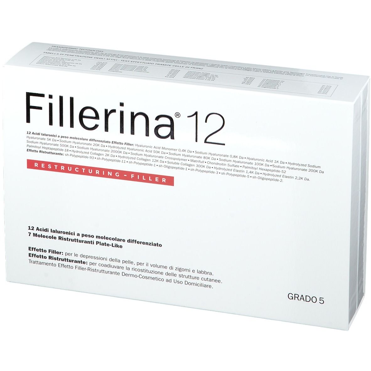 Confezione Fillerina 12. Scatola bianca con nome e testo. Grado 5.