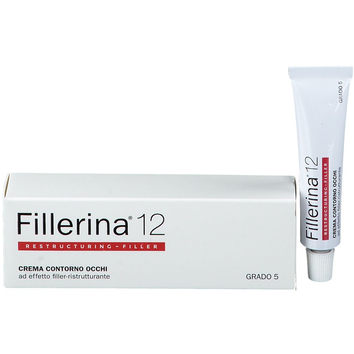 Scatola e tubo bianchi. Scritto: Fillerina 12 Restructuring-Filler. Crema Contorno Occhi. Grado 5. Tubo accanto.