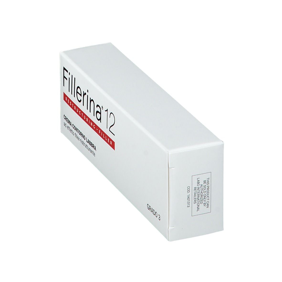 Confezione bianca con nome del prodotto e accento rosso. Vista angolare.