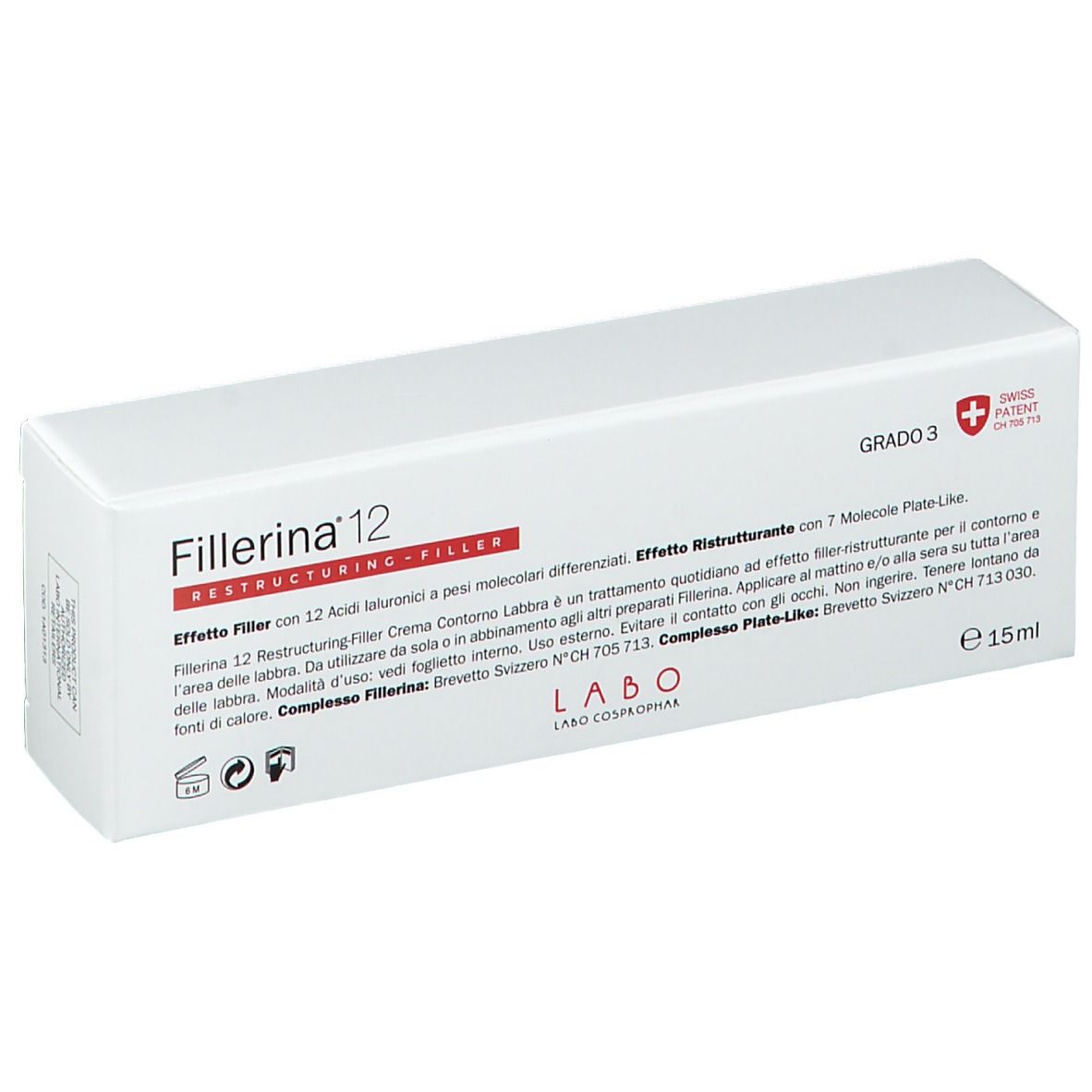 Confezione bianca con nome del prodotto e accento rosso. Testo e croce svizzera.