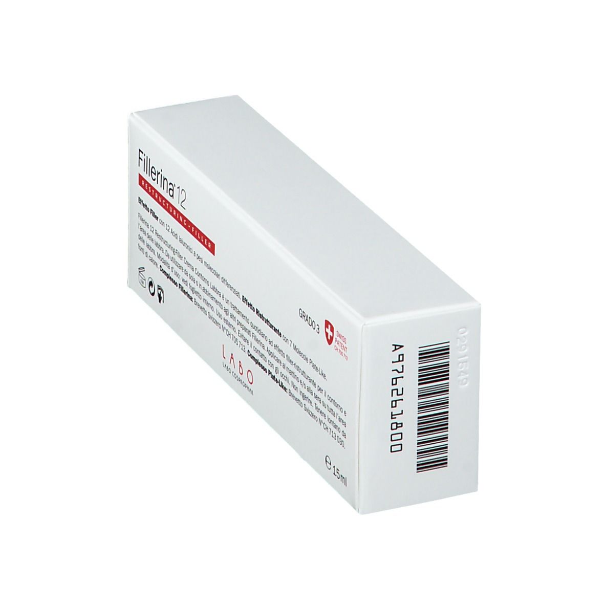 Confezione bianca con nome del prodotto e accento rosso. Codice a barre e testo.