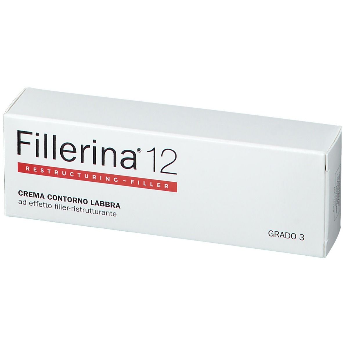 Confezione bianca con nome del prodotto e accento rosso. Scritta: CREMA CONTORNO LABBRA.