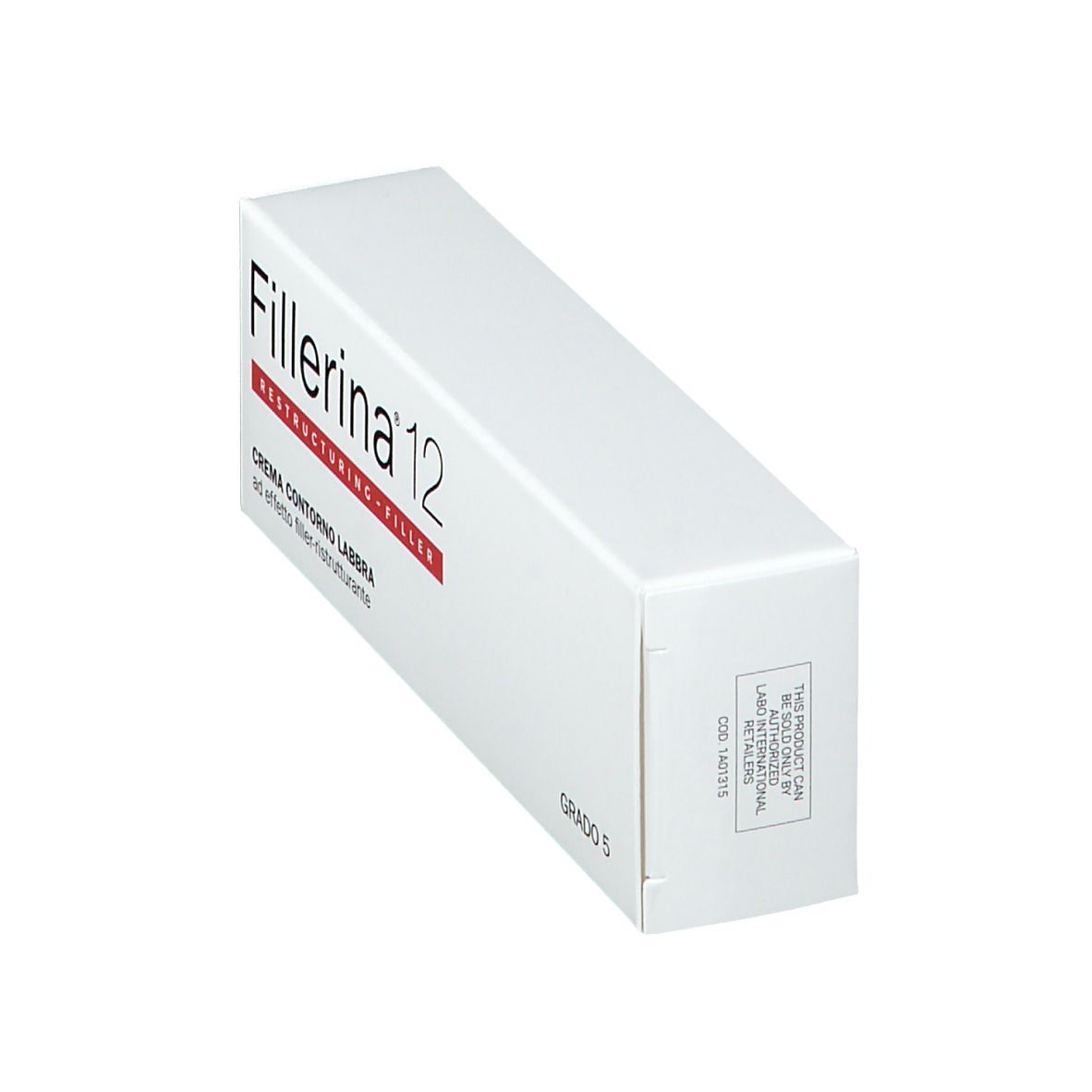 Confezione bianca inclinata con Fillerina 12. Testo: Crema Contorno Labbra. Grado 5. Codice a barre.