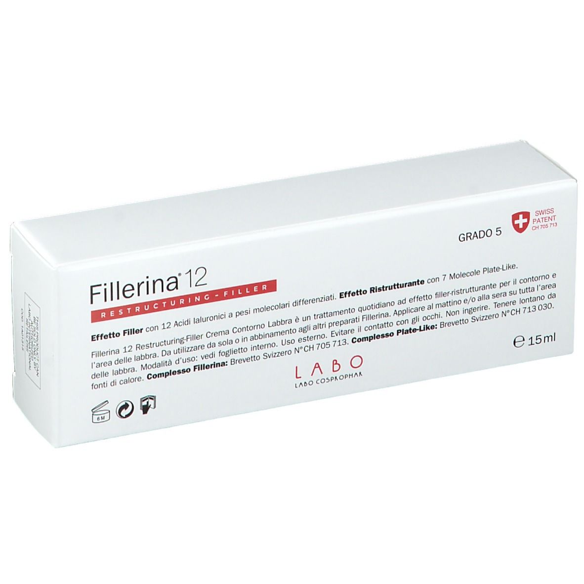 Confezione bianca con Fillerina 12, Restructuring-Filler. Testo: Crema Contorno Labbra. Croce svizzera. 15ml.