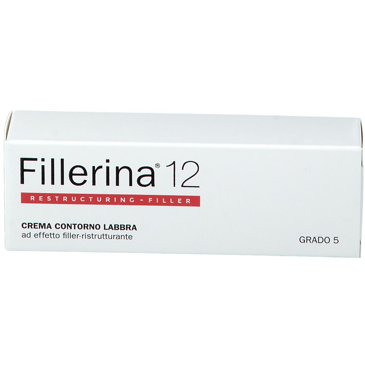 Confezione bianca con Fillerina 12, Restructuring-Filler. Testo: Crema Contorno Labbra. Grado 5.
