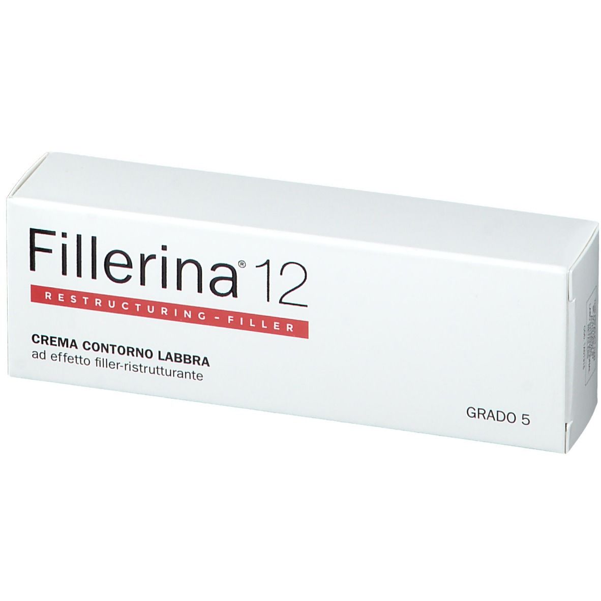 Confezione bianca con Fillerina 12, Restructuring-Filler. Testo: Crema Contorno Labbra. Grado 5.