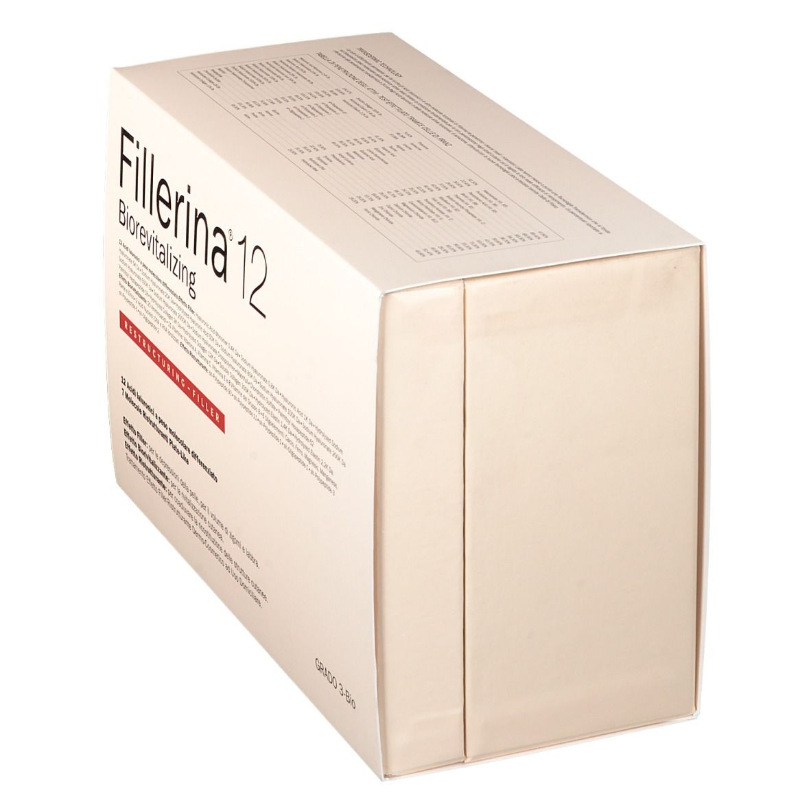 Vista obliqua della confezione Fillerina 12 Biorevitalizing. Scatola bianca con testo.