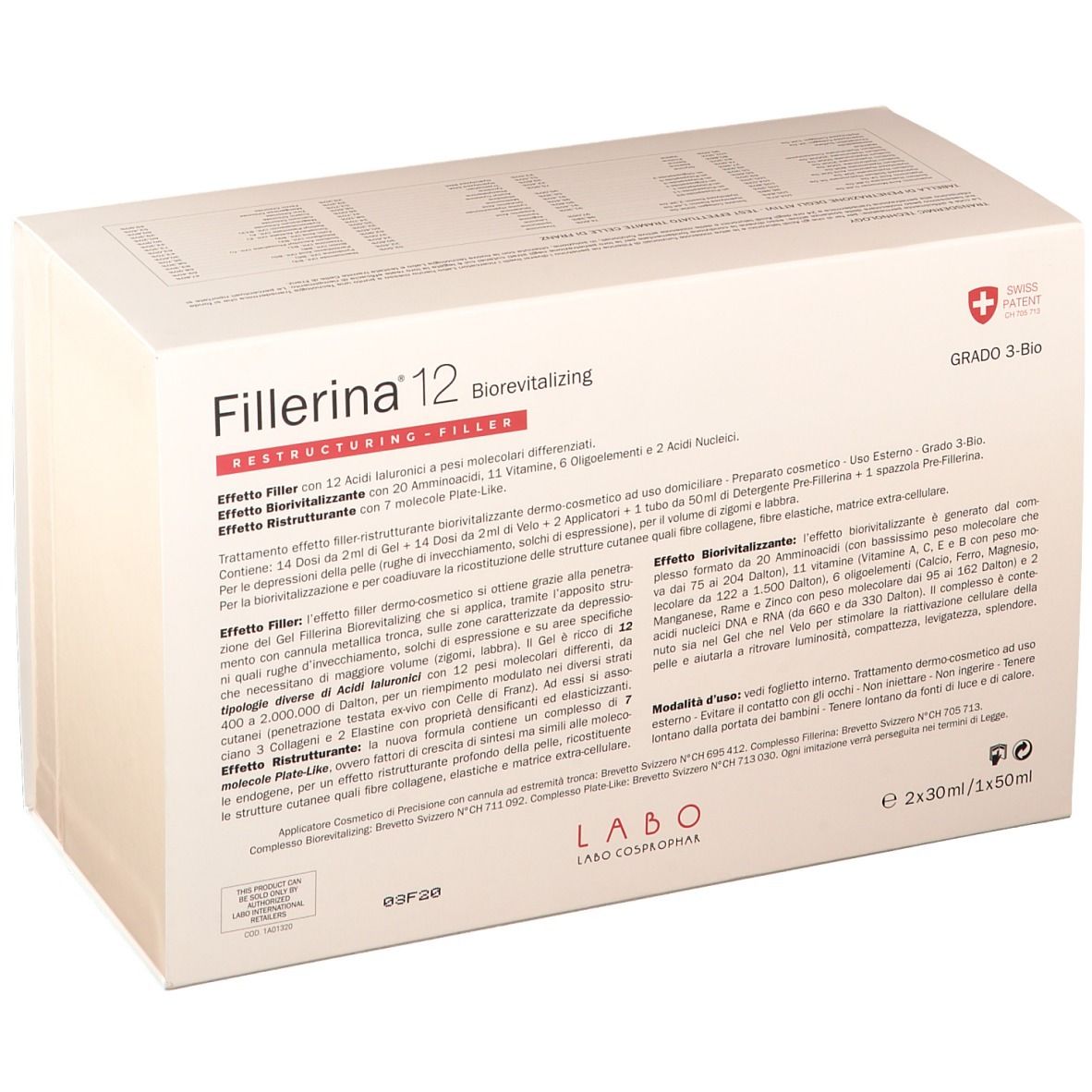 Confezione Fillerina 12 Biorevitalizing. Scatola bianca con croce svizzera e testo.