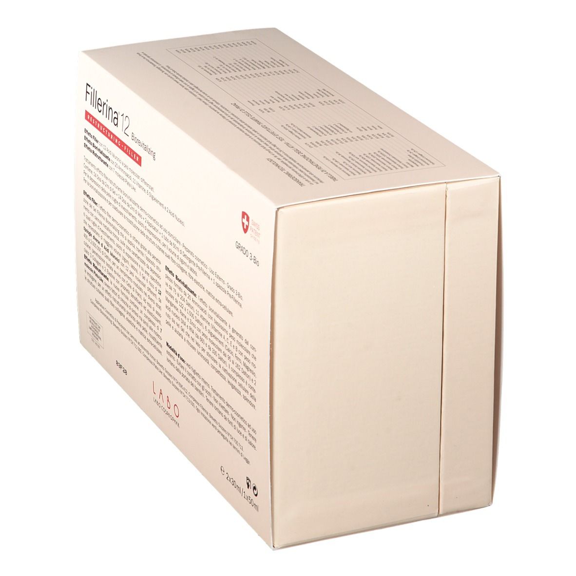Vista obliqua della confezione Fillerina 12 Biorevitalizing. Scatola bianca con testo.