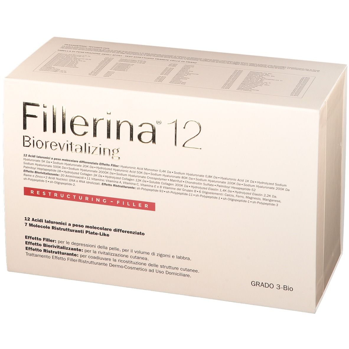 Confezione Fillerina 12 Biorevitalizing. Scatola bianca con informazioni e logo del prodotto.