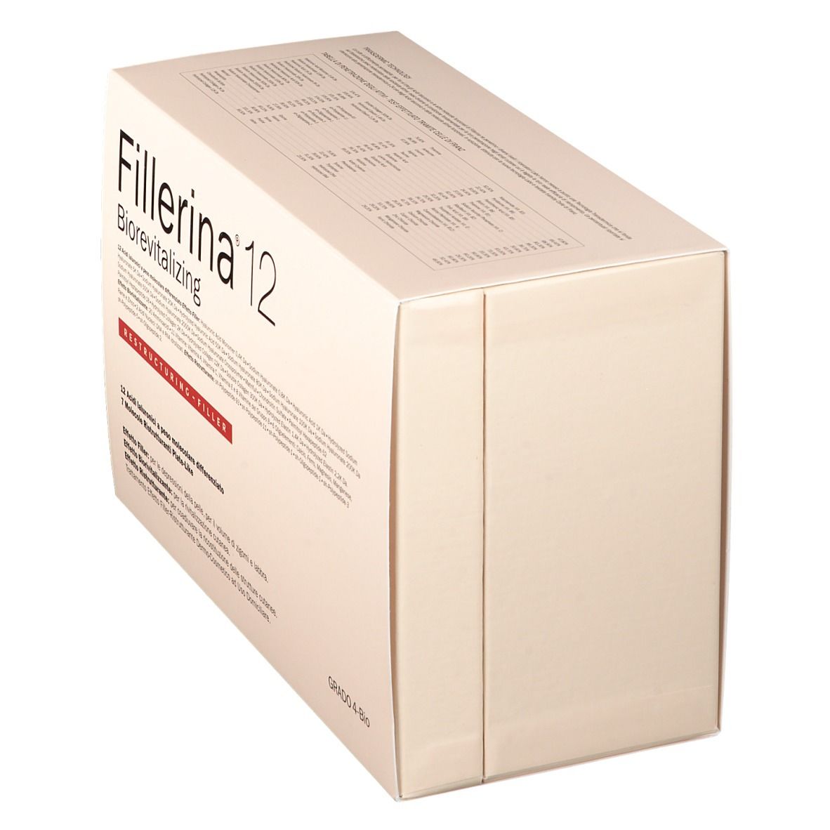 Vista obliqua della confezione Fillerina 12 Biorevitalizing. Scatola bianca con informazioni sul prodotto.