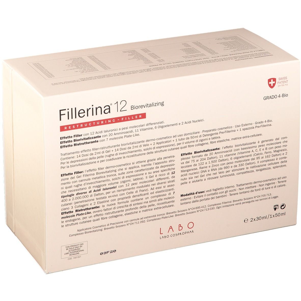 Confezione Fillerina 12 Biorevitalizing. Scatola bianca con informazioni e croce svizzera.