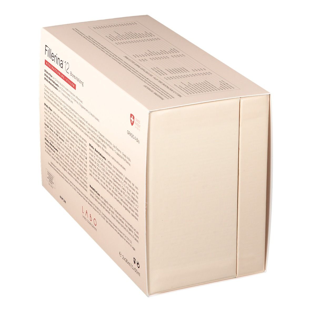 Vista obliqua della confezione Fillerina 12 Biorevitalizing. Scatola bianca con informazioni e croce svizzera.